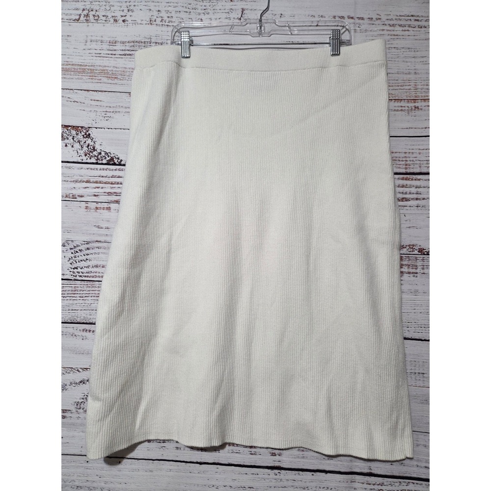 Ava & Viv Womens 1X Ribbed Knit Midi Skirt Cream White Elastic Waist Side Slit